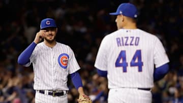 CHICAGO, IL - OCTOBER 18: Kris Bryant #17 and Anthony Rizzo #44 of the Chicago Cubs celebrate after beating the Los Angeles Dodgers 3-2 in game four of the National League Championship Series at Wrigley Field on October 18, 2017 in Chicago, Illinois. (Photo by Jamie Squire/Getty Images)