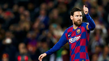 BARCELONA, SPAIN - MARCH 07: Lionel Messi of FC Barcelona celebrates his team's first goal during the Liga match between FC Barcelona and Real Sociedad at Camp Nou on March 07, 2020 in Barcelona, Spain. (Photo by Pedro Salado/Quality Sport Images/Getty Images)