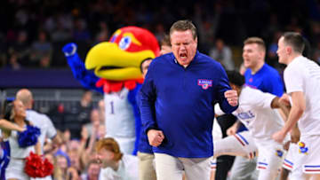 Apr 4, 2022; New Orleans, LA, USA; Kansas Jayhawks head coach Bill Self and the bench reacts after a play against the North Carolina Tar Heels during the second half during the 2022 NCAA men's basketball tournament Final Four championship game at Caesars Superdome. Mandatory Credit: Bob Donnan-USA TODAY Sports