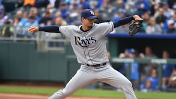 KANSAS CITY, MISSOURI - MAY 02: Starting pitcher Charlie Morton #50 of the Tampa Bay Rays throws in the first inning against the Kansas City Royals at Kauffman Stadium on May 02, 2019 in Kansas City, Missouri. (Photo by Ed Zurga/Getty Images)