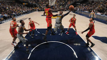 INDIANAPOLIS, IN - NOVEMBER 17: Aaron Holiday #3 of the Indiana Pacers shoots the ball against the Atlanta Hawks on November 17, 2018 at Bankers Life Fieldhouse in Indianapolis, Indiana. NOTE TO USER: User expressly acknowledges and agrees that, by downloading and/or using this Photograph, user is consenting to the terms and conditions of the Getty Images License Agreement. Mandatory Copyright Notice: Copyright 2018 NBAE (Photo by Ron Hoskins/NBAE via Getty Images)