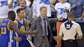 May 22, 2016; Oklahoma City, OK, USA; Golden State Warriors head coach Steve Kerr argues with official Tony Brothers (25) during the second quarter against the Oklahoma City Thunder in game three of the Western conference finals of the NBA Playoffs at Chesapeake Energy Arena. Mandatory Credit: Mark D. Smith-USA TODAY Sports