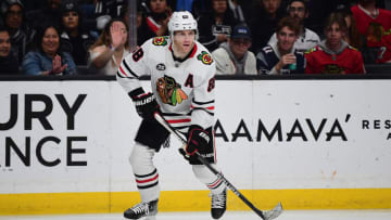 Apr 21, 2022; Los Angeles, California, USA; Chicago Blackhawks right wing Patrick Kane (88) moves the puck against the Los Angeles Kings during the third period at Crypto.com Arena. Mandatory Credit: Gary A. Vasquez-USA TODAY Sports
