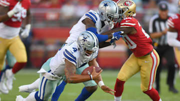 SANTA CLARA, CA - AUGUST 09: Dak Prescott #4 of the Dallas Cowboys dives forward for a first down against the San Francisco 49ers in the first quarter of their NFL preseason football game at Levi's Stadium on August 9, 2018 in Santa Clara, California. (Photo by Thearon W. Henderson/Getty Images)