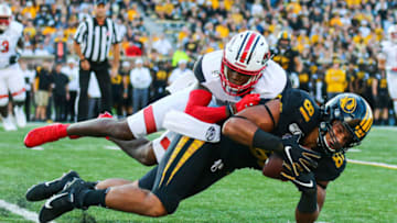 Auburn footballSep 14, 2019; Columbia, MO, USA; Missouri Tigers tight end Albert Okwuegbunam (81) is tackled by Southeast Missouri State Redhawks safety Bydarrius Knighten (2) during the first half at Memorial Stadium/Faurot Field. Mandatory Credit: Jay Biggerstaff-USA TODAY Sports
