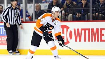Mar 21, 2016; Brooklyn, NY, USA; Philadelphia Flyers defenseman Mark Streit (32) looks to pass during the first period against the New York Islanders at Barclays Center. Mandatory Credit: Anthony Gruppuso-USA TODAY Sports