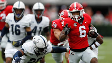 Georgia running back Kenny McIntosh (6) moves the ball down the field during the first half of a NCAA college football game between Samford and Georgia in Athens, Ga., on Saturday, Sept. 10, 2022.News Joshua L Jones