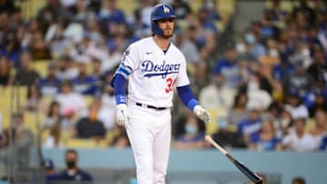 September 11, 2021; Los Angeles, California, USA; Los Angeles Dodgers center fielder Cody Bellinger (35) draws a walk against the San Diego Padres during the third inning at Dodger Stadium. Mandatory Credit: Gary A. Vasquez-USA TODAY Sports