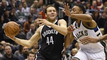 Dec 3, 2016; Milwaukee, WI, USA; Brooklyn Nets guard Bojan Bogdanovic (44) drives for the basket against Milwaukee Bucks forward Jabari Parker (12) in the fourth quarter at BMO Harris Bradley Center. Mandatory Credit: Benny Sieu-USA TODAY Sports