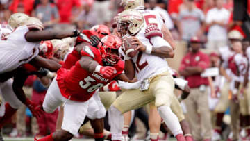 LOUISVILLE, KY - SEPTEMBER 17: Jonathan Greenard #58 of the Louisville Cardinals sacks Deondre Francois #12 of the Florida State Seminoles at Papa John's Cardinal Stadium on September 17, 2016 in Louisville, Kentucky. (Photo by Andy Lyons/Getty Images)