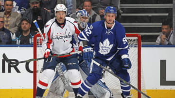 TORONTO, ON - APRIL 17: Justin Williams #14 of the Washington Capitals skates against Martin Marincin #52 of the Toronto Maple Leafs in Game Three of the Eastern Conference Quarterfinals during the 2017 NHL Stanley Cup Playoffs at the Air Canada Centre on April 17, 2017 in Toronto, Ontario, Canada. The Maple Leafs defeated the Capitals 4-3 in overtime.(Photo by Claus Andersen/Getty Images)
