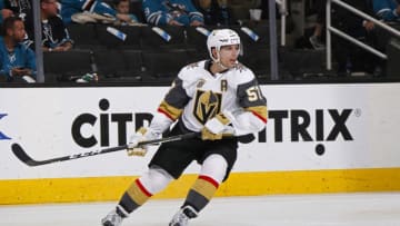 SAN JOSE, CA - MAY 06: David Perron #57 of the Vegas Golden Knights skates against the San Jose Sharks in Game Six of the Western Conference Second Round during the 2018 NHL Stanley Cup Playoffs at SAP Center on May 6, 2018 in San Jose, California. (Photo by Rocky W. Widner/NHL/Getty Images) *** Local Caption *** David Perron