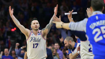PHILADELPHIA, PA - APRIL 24: JJ Redick #17 of the Philadelphia 76ers celebrates a three point shot against the Miami Heat at Wells Fargo Center on April 24, 2018 in Philadelphia, Pennsylvania. The 76ers won 104-91. (Photo by Drew Hallowell/Getty Images)