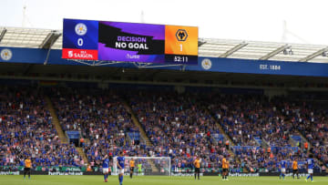 LEICESTER, ENGLAND - AUGUST 11: The LED screen displays a no goal decision after a VAR goal check during the Premier League match between Leicester City and Wolverhampton Wanderers at The King Power Stadium on August 11, 2019 in Leicester, United Kingdom. (Photo by Matthew Lewis/Getty Images)