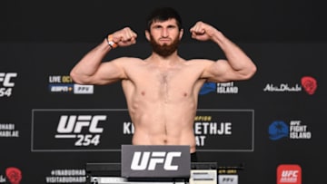 ABU DHABI, UNITED ARAB EMIRATES - OCTOBER 23: In this handout image provided by UFC, Magomed Ankalaev of Russia poses on the scale during the UFC 254 weigh-in on October 23, 2020 on UFC Fight Island, Abu Dhabi, United Arab Emirates. (Photo by Josh Hedges/Zuffa LLC via Getty Images)