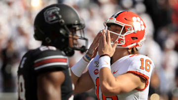 COLUMBIA, SOUTH CAROLINA - NOVEMBER 30: Trevor Lawrence #16 of the Clemson Tigers reacts after a touchdown against the South Carolina Gamecocks during their game at Williams-Brice Stadium on November 30, 2019 in Columbia, South Carolina. (Photo by Streeter Lecka/Getty Images)