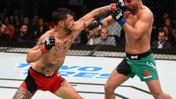 NASHVILLE, TN - APRIL 22: (L-R) Cub Swanson punches Artem Lobov of Russia in their featherweight bout during the UFC Fight Night event at Bridgestone Arena on April 22, 2017 in Nashville, Tennessee. (Photo by Jeff Bottari/Zuffa LLC/Zuffa LLC via Getty Images)
