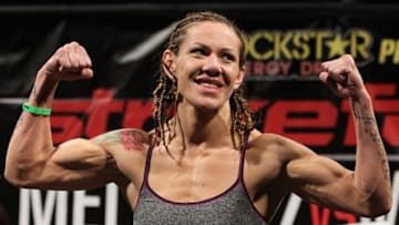 SAN DIEGO, CA - DECEMBER 16: Strikeforce Womens Featherweight Champion Cristiane 'Cyborg' Santos weighs in during the Strikeforce Official Weigh In at the Valley View Casino Center on December 16, 2011 in San Diego, California. (Photo by Josh Hedges/Forza LLC/Forza LLC via Getty Images)