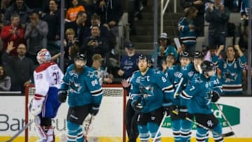 Feb 29, 2016; San Jose, CA, USA; San Jose Sharks center Joe Pavelski (8) celebrates scoring against the Montreal Canadiens in the third period at SAP Center at San Jose. Mandatory Credit: John Hefti-USA TODAY Sports. The Sharks won 6-2.