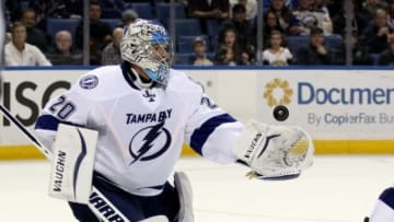 Dec 2, 2014; Buffalo, NY, USA; Tampa Bay Lightning goalie Evgeni Nabokov (20) makes a glove save during the third period against the Buffalo Sabres at First Niagara Center. Sabers defeat the Lightning 2 to 1 in overtime. Mandatory Credit: Timothy T. Ludwig-USA TODAY Sports