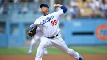 LOS ANGELES, CA - SEPTEMBER 22: Hyun-Jin Ryu #99 of the Los Angeles Dodgers pitches in the first inning against the Colorado Rockies at Dodger Stadium on September 22, 2019 in Los Angeles, California. (Photo by John McCoy/Getty Images)