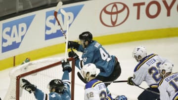 May 19, 2016; San Jose, CA, USA; San Jose Sharks center Tomas Hertl (48) celebrates after scoring a goal against St. Louis Blues goalie Brian Elliott (1) during the third period in game three of the Western Conference Final of the 2016 Stanley Cup Playoffs at SAP Center at San Jose. Mandatory Credit: John Hefti-USA TODAY Sports