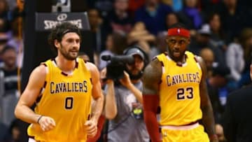 Dec 28, 2015; Phoenix, AZ, USA; Cleveland Cavaliers forward LeBron James (23) and forward Kevin Love (0) against the Phoenix Suns at Talking Stick Resort Arena. The Cavaliers defeated the Suns 101-97. Mandatory Credit: Mark J. Rebilas-USA TODAY Sports