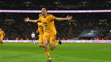 LONDON, ENGLAND - DECEMBER 29: Raul Jimenez of Wolverhampton Wanderers celebrates after scoring a goal to make it 1-2 during the Premier League match between Tottenham Hotspur and Wolverhampton Wanderers at Wembley Stadium on December 29, 2018 in London, United Kingdom. (Photo by Sam Bagnall - AMA/Getty Images)