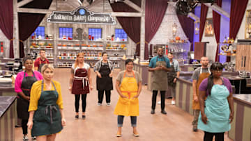 Contestants Aaron Clouse, Brian Bosch, Edward Cunningham, Holly Braddock, Michael Gaddy, Michelle Lee, Nerwan Khalife, Renee Loranger, Sinai Vespie, Tamara Brown, as seen on Halloween Baking Championship, Season 6. Image courtesy Food Network