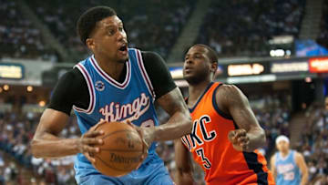 Apr 9, 2016; Sacramento, CA, USA; Sacramento Kings forward Rudy Gay (8) controls the ball as Oklahoma City Thunder guard Dion Waiters (3) defends during the fourth quarter at Sleep Train Arena. The Kings won 114-112. Mandatory Credit: Ed Szczepanski-USA TODAY Sports