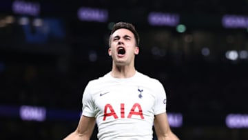 LONDON, ENGLAND - NOVEMBER 21: Sergio Reguilon of Tottenham Hotspur celebrates after scoring his teams second goal during the Premier League match between Tottenham Hotspur and Leeds United at Tottenham Hotspur Stadium on November 21, 2021 in London, England. (Photo by Ryan Pierse/Getty Images)