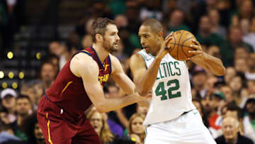 BOSTON, MA - MAY 13: Al Horford #42 of the Boston Celtics is defended by Kevin Love #0 of the Cleveland Cavaliers during the first quarter in Game One of the Eastern Conference Finals of the 2018 NBA Playoffs at TD Garden on May 13, 2018 in Boston, Massachusetts. (Photo by Maddie Meyer/Getty Images)