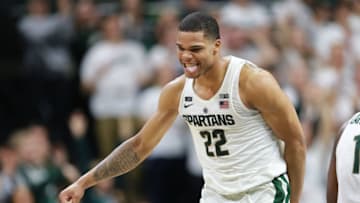 EAST LANSING, MI - JANUARY 31: Miles Bridges #22 of the Michigan State Spartans reacts to a play during a game against the Penn State Nittany Lions in the second half at Breslin Center on January 31, 2018 in East Lansing, Michigan. (Photo by Rey Del Rio/Getty Images)