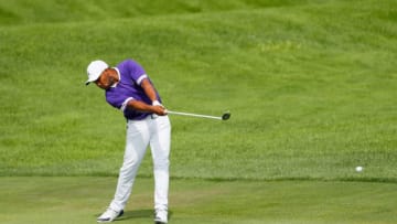 JERSEY CITY, NEW JERSEY - AUGUST 11: Harold Varner III of the United States plays a shot on the eighth hole during the final round of The Northern Trust at Liberty National Golf Club on August 11, 2019 in Jersey City, New Jersey. (Photo by Kevin C. Cox/Getty Images)