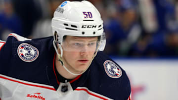Feb 28, 2023; Buffalo, New York, USA; Columbus Blue Jackets left wing Eric Robinson (50) waits for the face-off during the first period against the Buffalo Sabres at KeyBank Center. Mandatory Credit: Timothy T. Ludwig-USA TODAY Sports