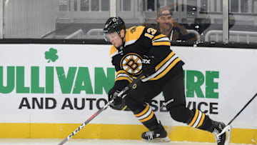 BOSTON, MA - OCTOBER 14: Charlie Coyle #13 of the Boston Bruins skates against the Anaheim Ducks at the TD Garden on October 14, 2019 in Boston, Massachusetts. (Photo by Steve Babineau/NHLI via Getty Images)