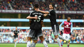 BIRMINGHAM, ENGLAND - APRIL 02: Ruben Loftus-Cheek (C) of Chelsea celebrates scoring his team's first goal with his team mates Cesar Azpilicueta (L) and Pedro (R) during the Barclays Premier League match between Aston Villa and Chelsea at Villa Park on April 2, 2016 in Birmingham, England. (Photo by Shaun Botterill/Getty Images)