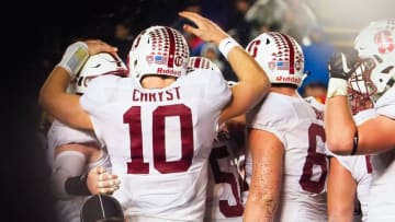Nov 19, 2016; Berkeley, CA, USA; Stanford Cardinal quarterback Keller Chryst (10) celebrates with teammates after a touchdown against the California Golden Bears during the fourth quarter at Memorial Stadium. Stanford defeated California 45-31. Mandatory Credit: Kelley L Cox-USA TODAY Sports