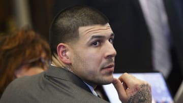 BOSTON, MA - MARCH 2: Former New England Patriots tight end Aaron Hernandez sits at the defense table during his double murder trial at Suffolk Superior Court in Boston on Mar. 2, 2017. Hernandez is charged in the July 2012 killings of Daniel de Abreu and Safiro Furtado who he encountered in a Boston nightclub. The former NFL football player already is serving a life sentence in the 2013 killing of semi-professional football player Odin Lloyd. (Photo by Keith Bedford/The Boston Globe via Getty Images)