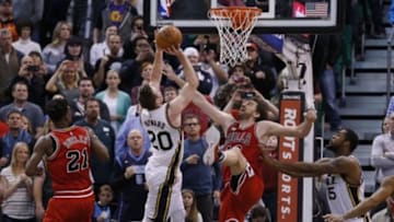 Feb 1, 2016; Salt Lake City, UT, USA; Utah Jazz forward Gordon Hayward (20) shoots the ball against Chicago Bulls center Pau Gasol (16) tying the game late in regulation at Vivint Smart Home Arena. The Utah Jazz defeated the Chicago Bulls 105-96 in overtime. Mandatory Credit: Jeff Swinger-USA TODAY Sports