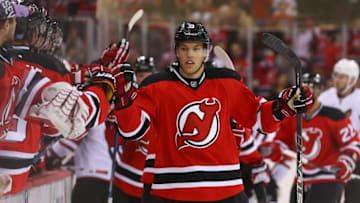 Oct 25, 2016; Newark, NJ, USA; New Jersey Devils left wing Taylor Hall (9) celebrates his goal against the Arizona Coyotes during the first period at Prudential Center. Mandatory Credit: Ed Mulholland-USA TODAY Sports