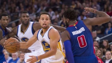 November 9, 2015; Oakland, CA, USA; Golden State Warriors guard Stephen Curry (30) dribbles the basketball against Detroit Pistons center Andre Drummond (0) during the first quarter at Oracle Arena. Mandatory Credit: Kyle Terada-USA TODAY Sports