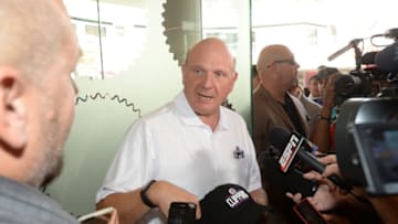 LOS ANGELES, CA - JUNE 18: Owner Steve Ballmer talks to the media during the Los Angeles Clippers logo unveiling in Los Angeles, California on June 18, 2015. NOTE TO USER: User expressly acknowledges and agrees that, by downloading and or using this photograph, User is consenting to the terms and conditions of the Getty Images License Agreement. Mandatory Copyright Notice: Copyright 2015 NBAE (Photo by Andrew D. Bernstein/NBAE via Getty Images)