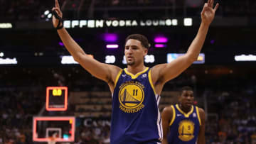 PHOENIX, AZ - APRIL 08: Klay Thompson #11 of the Golden State Warriors reacts during the first half of the NBA game against the Phoenix Suns at Talking Stick Resort Arena on April 8, 2018 in Phoenix, Arizona NOTE TO USER: User expressly acknowledges and agrees that, by downloading and or using this photograph, User is consenting to the terms and conditions of the Getty Images License Agreement. (Photo by Christian Petersen/Getty Images)