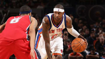 NEW YORK - DECEMBER 6: Larry Hughes #0 of the New York Knicks handles the ball against Courtney Lee #6 of the New Jersey Nets during the game on December 6, 2009 at Madison Square Garden in New York City. The Knicks won 106-97. NOTE TO USER: User expressly acknowledges and agrees that, by downloading and/or using this Photograph, user is consenting to the terms and conditions of the Getty Images License Agreement. Mandatory Copyright Notice: Copyright 2009 NBAE (Photo by Nathaniel S. Butler/NBAE via Getty Images)