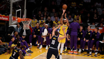 LOS ANGELES, CA - OCTOBER 2: JaVale McGee #7 of the Los Angeles Lakers shoots the ball against the Denver Nuggets during a pre-season game on October 2, 2018 at Staples Center in Los Angeles, California. NOTE TO USER: User expressly acknowledges and agrees that, by downloading and/or using this Photograph, user is consenting to the terms and conditions of the Getty Images License Agreement. Mandatory Copyright Notice: Copyright 2018 NBAE (Photo by Adam Pantozzi/NBAE via Getty Images)