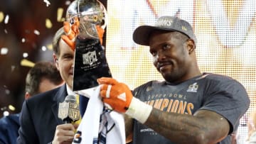 Feb 7, 2016; Santa Clara, CA, USA; Denver Broncos outside linebacker Von Miller (58) celebrates with the Vince Lombardi Trophy after being named the Super Bowl MVP after beating the Carolina Panthers in Super Bowl 50 at Levi