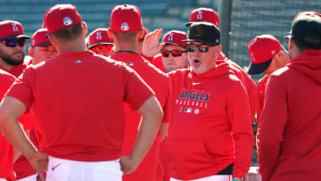 TEMPE, AZ - FEBRUARY 25: Manager Joe Maddon of the Los Angeles Angels looks on during a Spring Training game against the Cincinnati Reds on February 25, 2020 in Tempe, Arizona. (Photo by Masterpress/Getty Images)