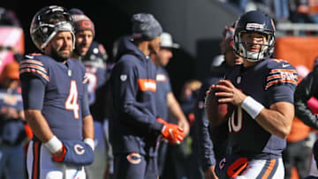 CHICAGO, IL - OCTOBER 21: Chase Daniel #4 of the Chicago Bears watches as Mitchell Trubisky #10 particiaptes in warm-ups before a game againstt he New England Patriots at Soldier Field on October 21, 2018 in Chicago, Illinois. The Patriots defeated the Bears 38-31. (Photo by Jonathan Daniel/Getty Images)