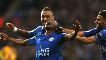 LEICESTER, ENGLAND - OCTOBER 22: Leicester City's Ahmed Musa celebrates scoring the opening goal with team-mates Danny Simpson and Riyad Mahrez during the Premier League match between Leicester City and Crystal Palace at The King Power Stadium on October 22, 2016 in Leicester, England. (Photo by Stephen White - CameraSport/CameraSport via Getty Images)